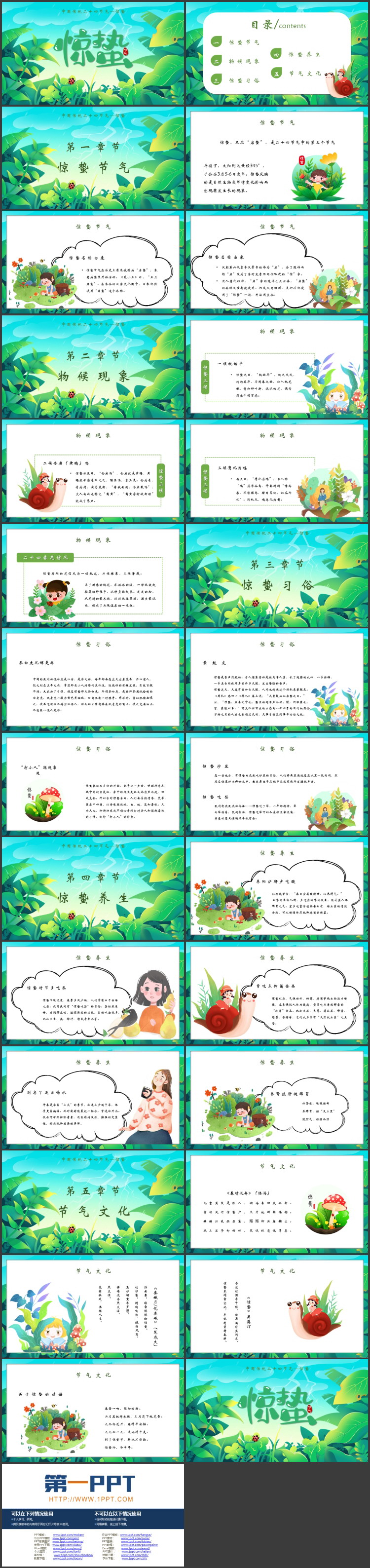 绿色清新卡通树叶背景的中国传统二十四节气惊蛰介绍PPT模板