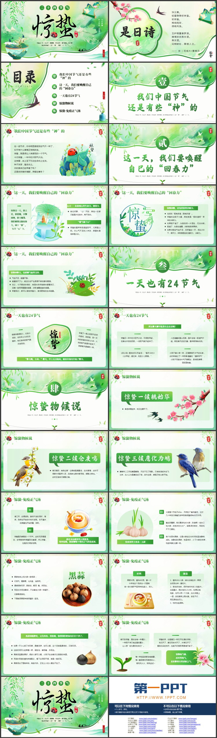 绿色清新中国风背景的惊蛰节气介绍PPT模板