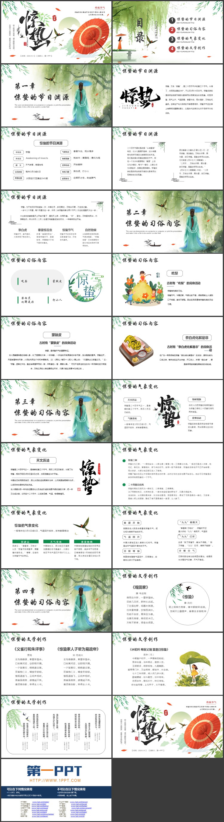 绿叶红纸伞背景的惊蛰传统节气介绍PPT模板
