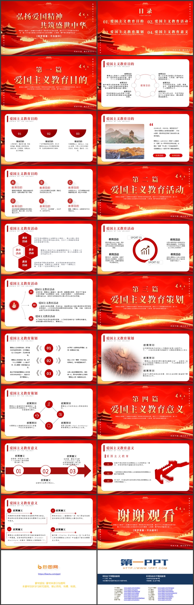 红金大气古建筑背景的“弘扬爱国精神共筑盛世中华”爱国主义教育PPT模板