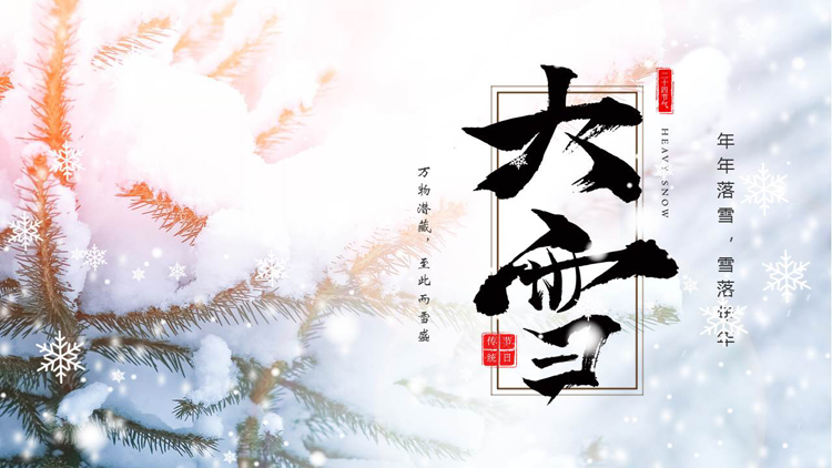 落雪的树枝背景的传统二十四节气之大雪节气介绍PPT模板