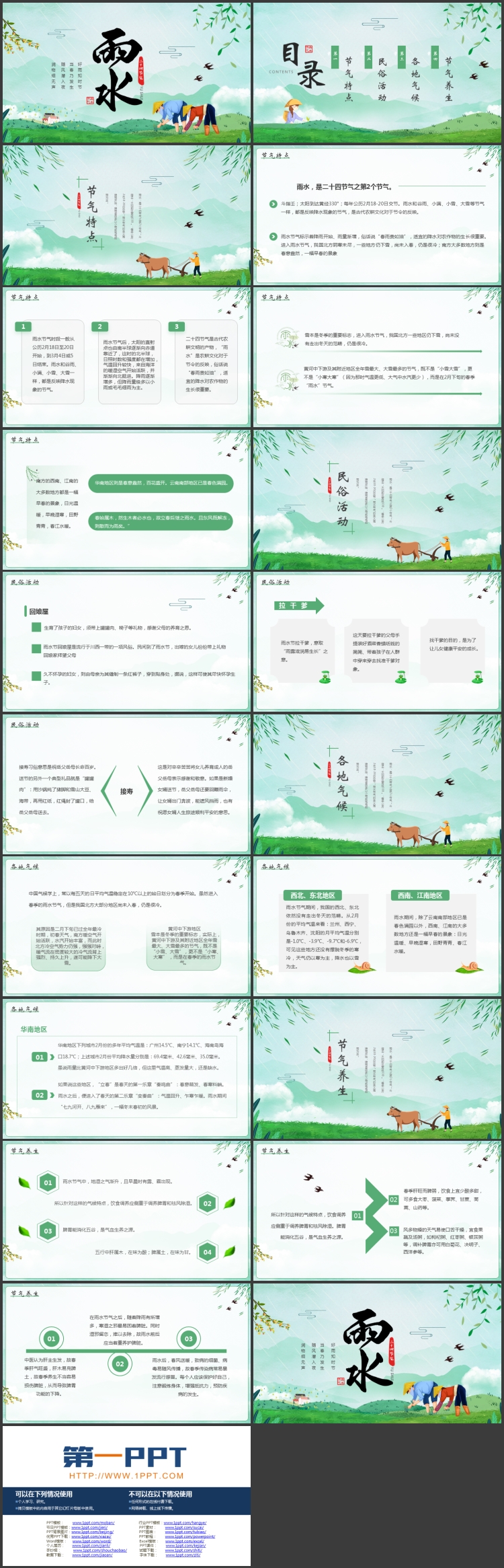 绿色清新卡通风格的雨水节气介绍PPT模板