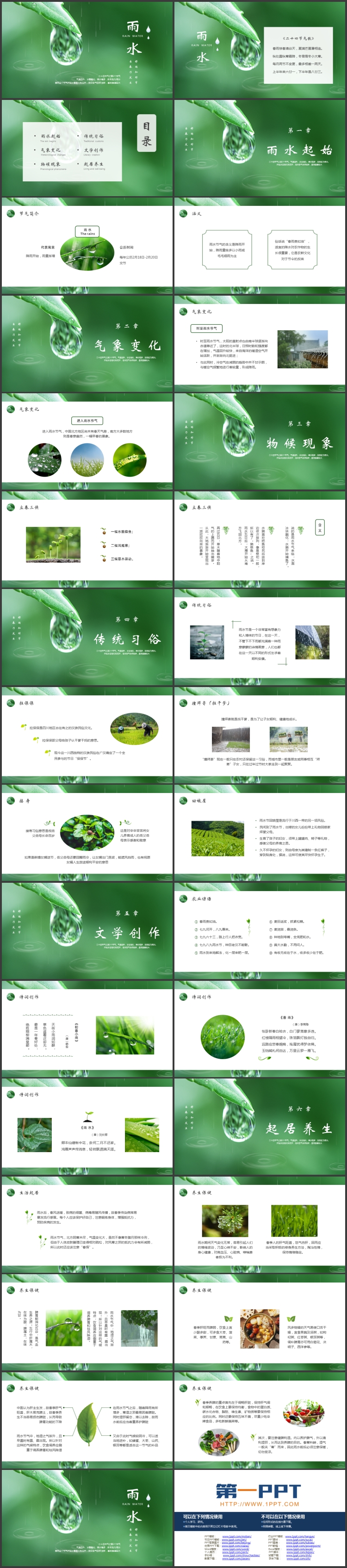 绿色叶子水滴背景的雨水节气介绍PPT模板