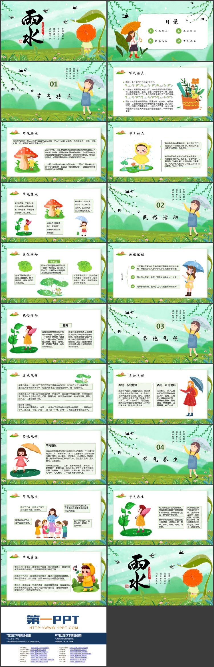 绿色清新卡通风格的二十四节气之雨水节气介绍PPT模板