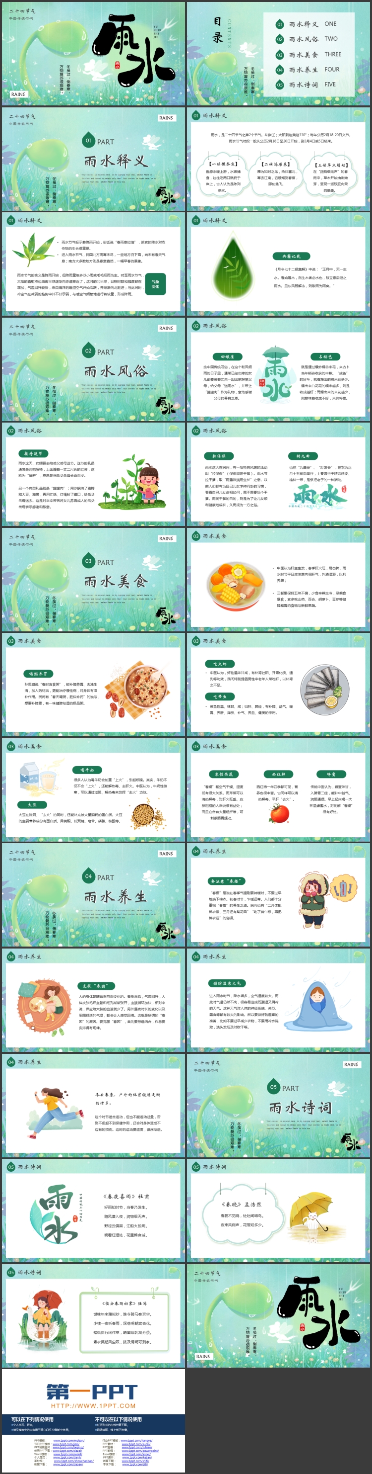 绿色清新卡通风格的中国传统节气之雨水节气介绍PPT模板
