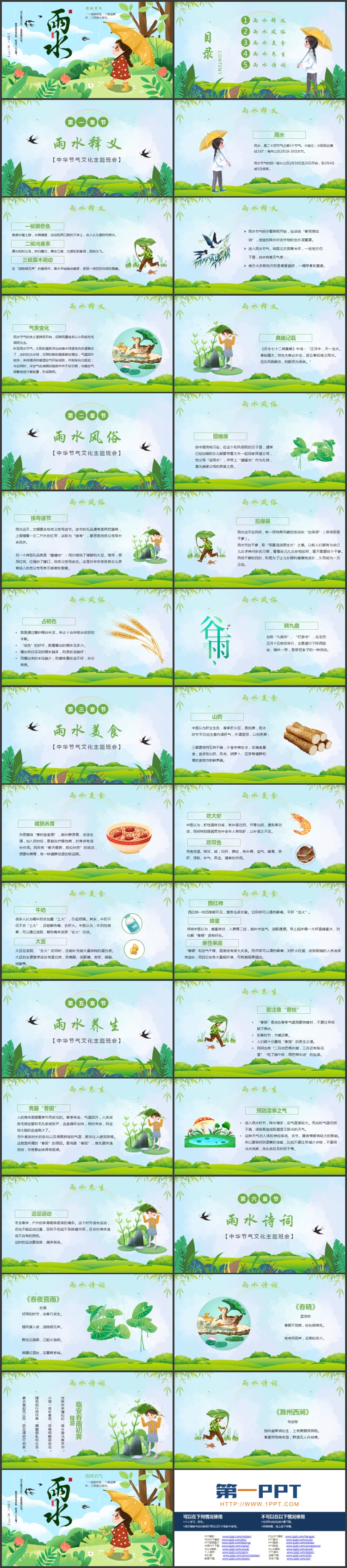 绿色清新卡通风格的传统节气之雨水节气介绍PPT模板