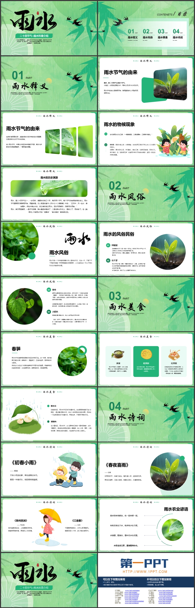 绿色清新卡通风格的二十四节气之雨水科普介绍PPT模板