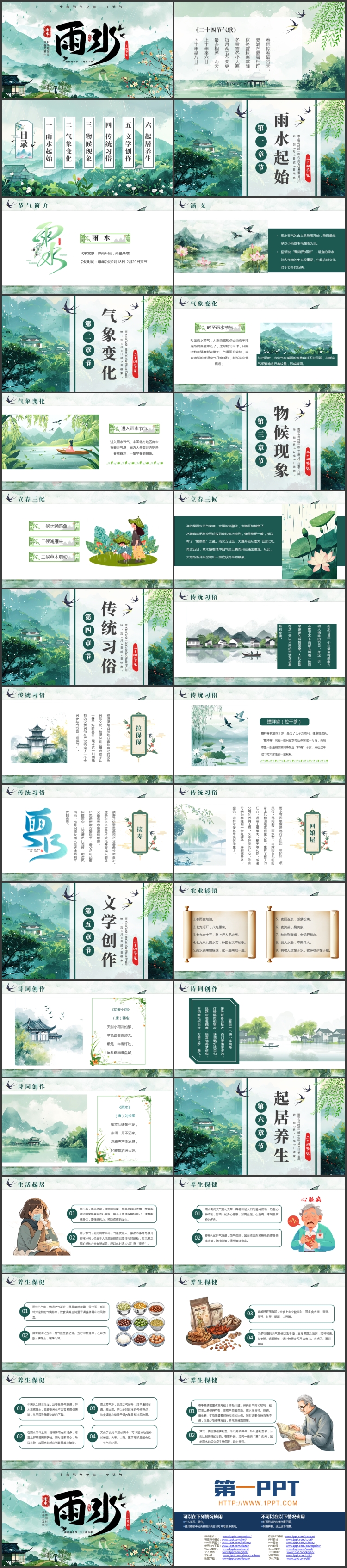 青色精美中国风背景的二十四节气之雨水节气介绍PPT模板