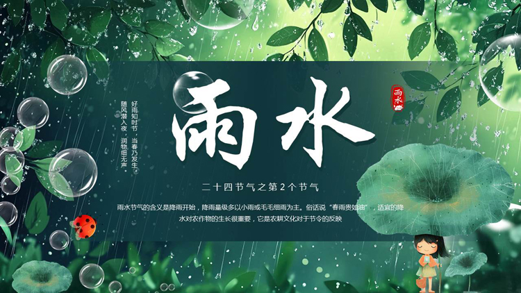 绿色清新叶子背景的二十四节气之雨水节气介绍PPT模板