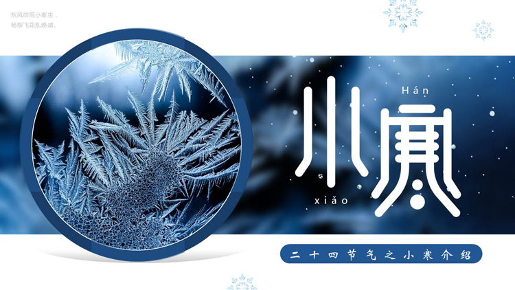 蓝色冰花雪花背景的二十四节气之小寒介绍PPT模板