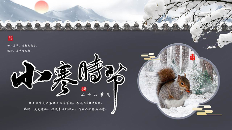 蓝色小松鼠背景的小寒时节介绍PPT模板