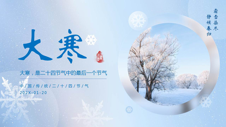 蓝色挂雪的大树背景的大寒节气介绍PPT模板