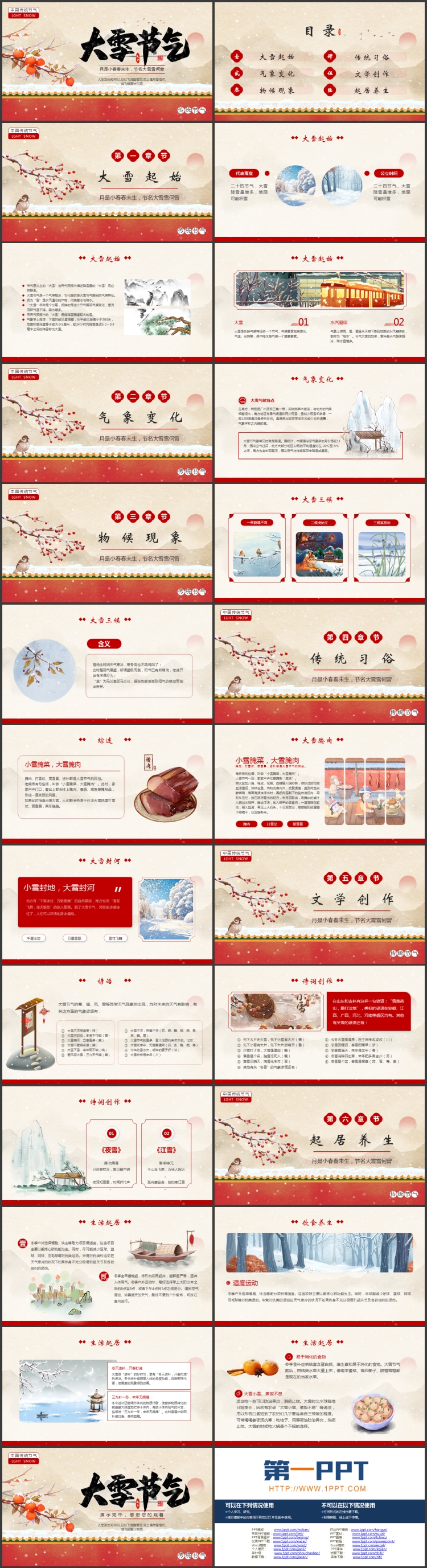 红色古墙雪景背景的中国传统节气之大雪节气介绍PPT模板