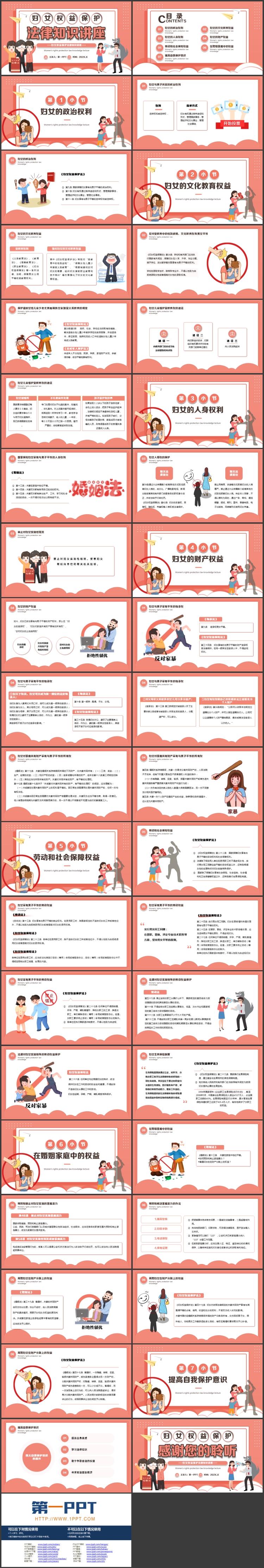 红色卡通风格的妇女权益保护法律知识讲座PPT模板