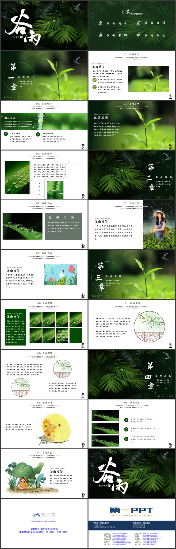绿色清新叶子背景的二十四节气之谷雨节气介绍PPT模板