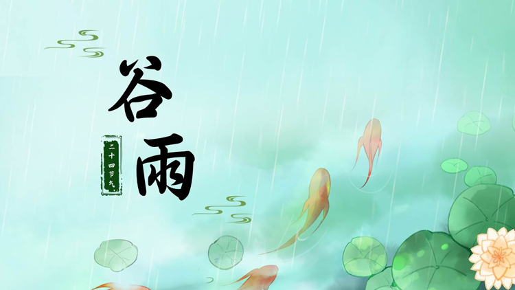 绿色荷叶锦鲤背景的插画风二十四节气之谷雨节气介绍PPT模板