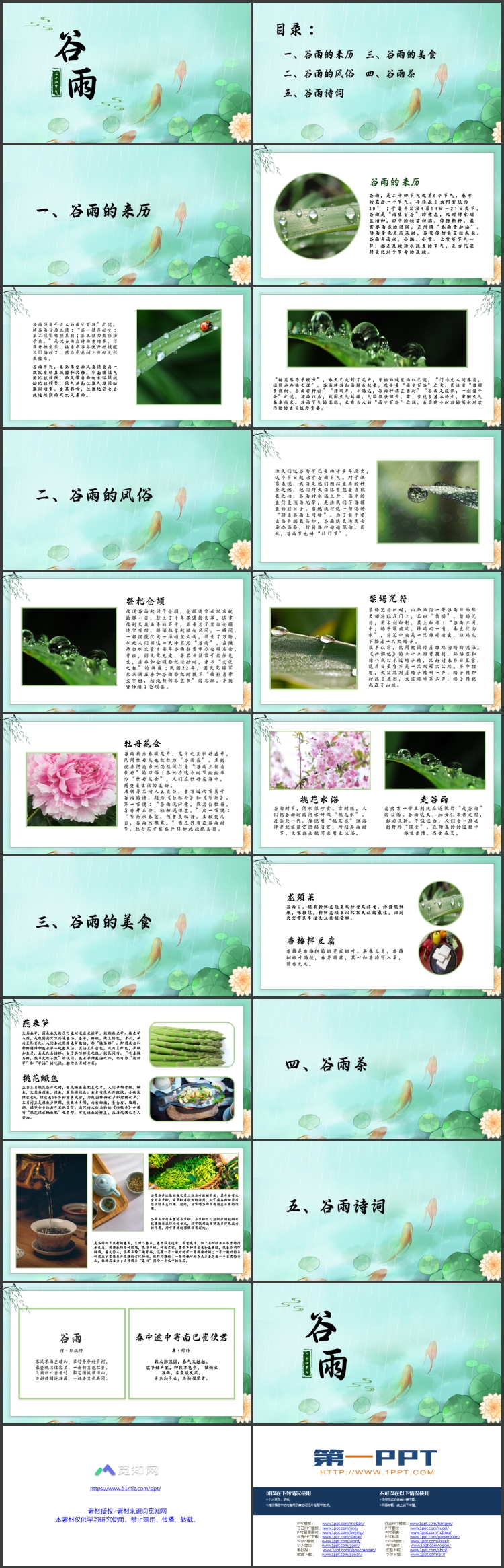 绿色荷叶锦鲤背景的插画风二十四节气之谷雨节气介绍PPT模板