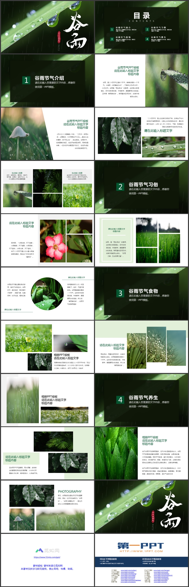 绿色挂着露珠的叶子背景的谷雨节气介绍PPT模板