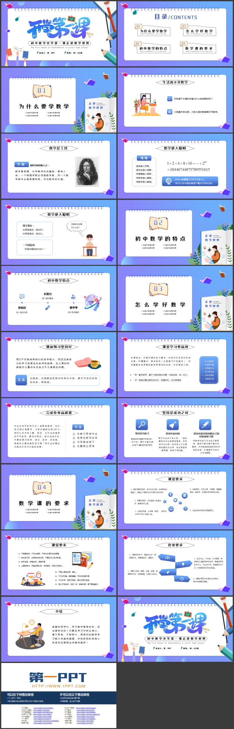 蓝色精美卡通风格的初中数学开学第一课PPT模板下载