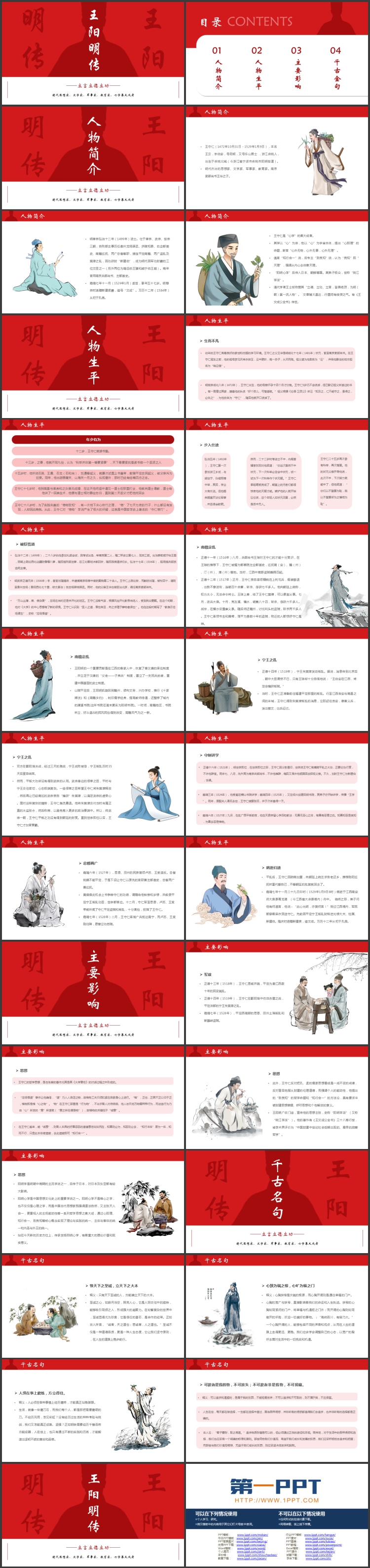 红色人物剪影背景的王阳明传人物介绍PPT下载