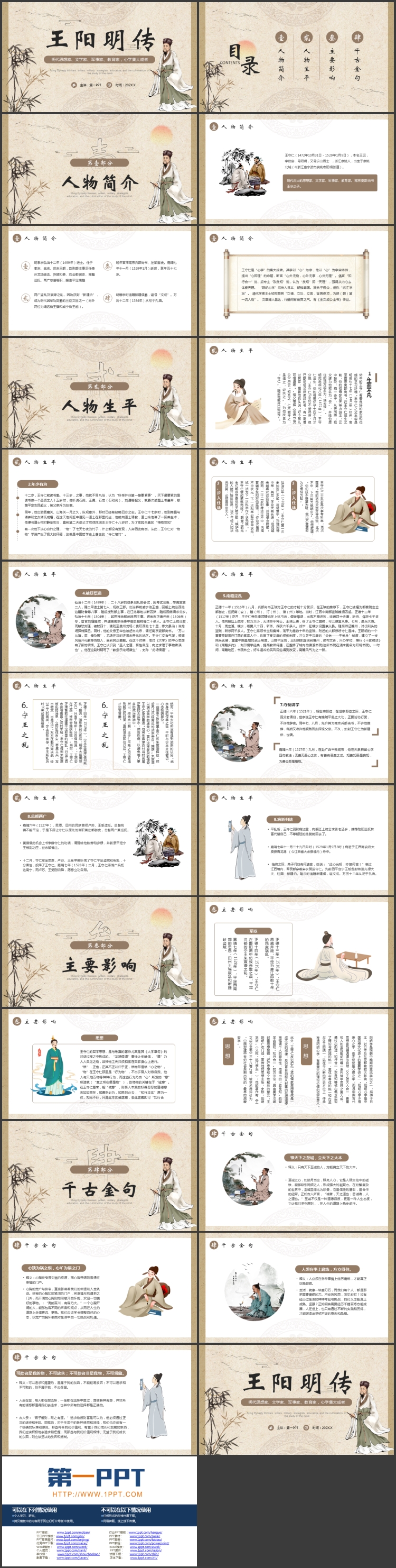 古典中国风背景的王阳明传人物介绍PPT下载