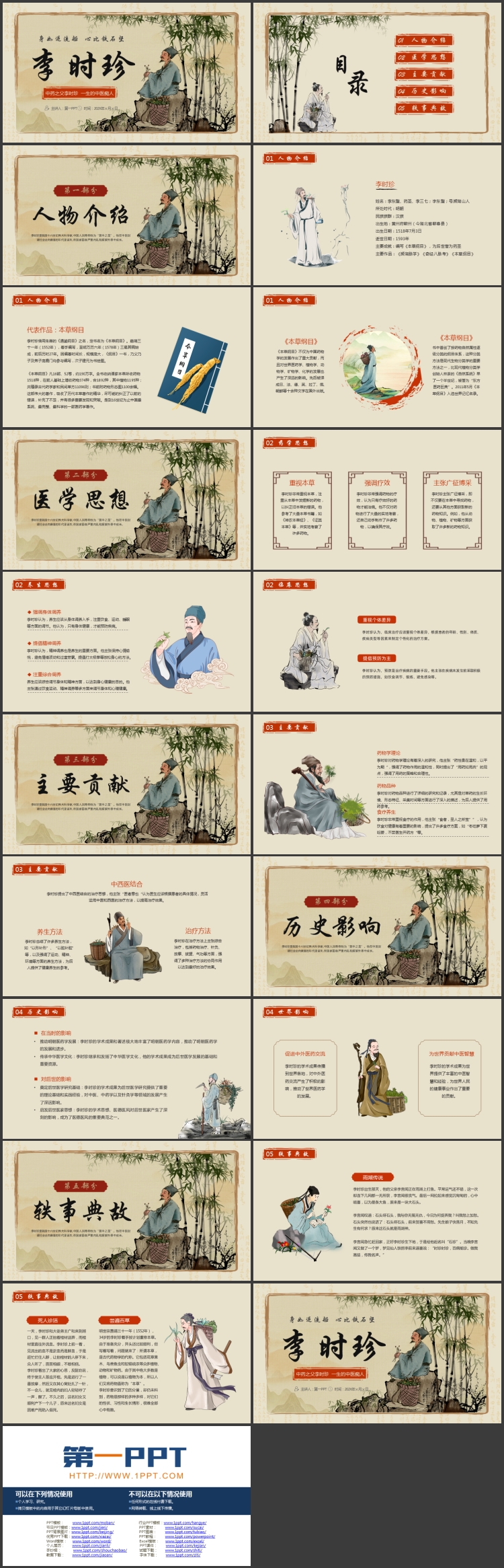 水墨中国风背景的李时珍人物介绍PPT下载