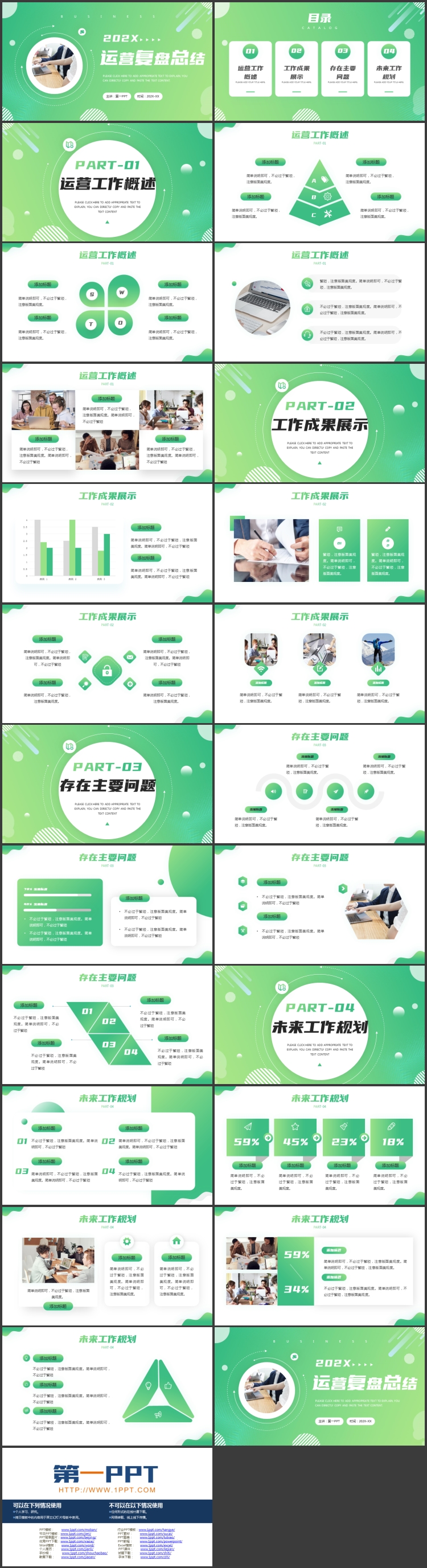 绿色商务人士办公背景的运营复盘总结PPT模板下载