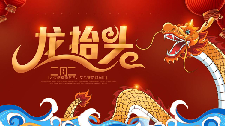 红色中国龙背景的“龙抬头”传统节日介绍PPT模板