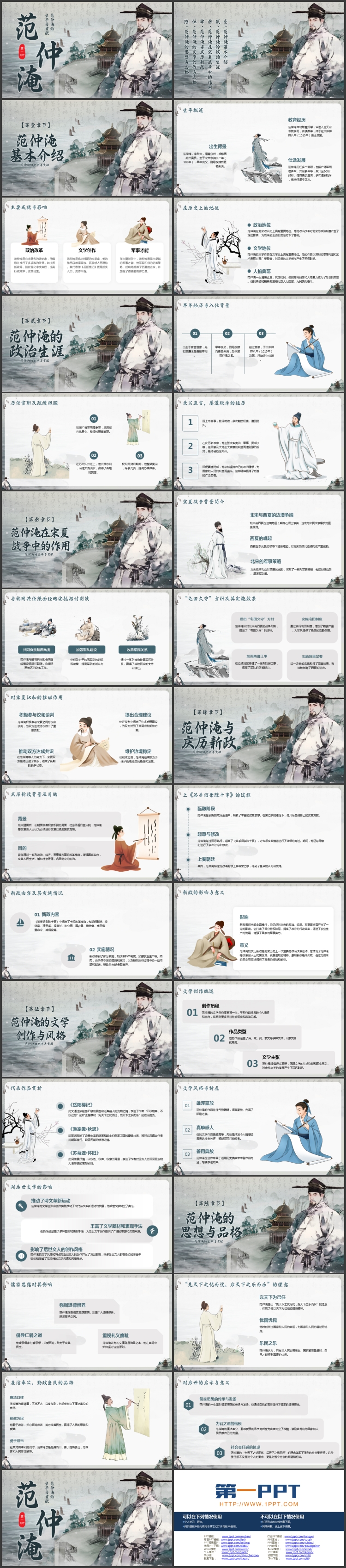 水墨中国风背景的范仲淹的生平与贡献PPT下载