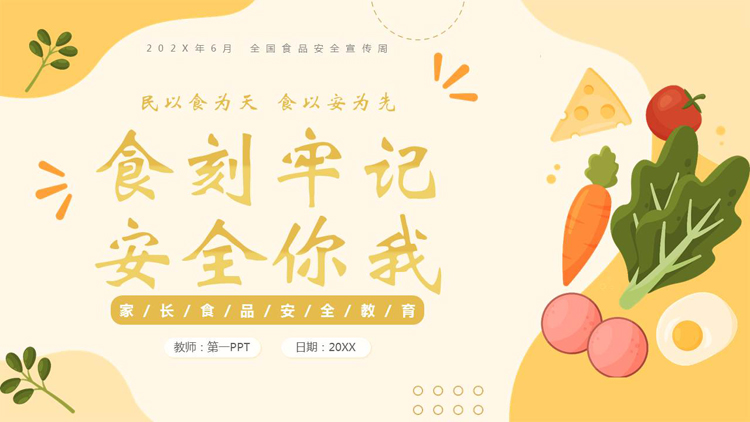 黄色卡通蔬菜背景的“食刻牢记安全你我”食品安全宣传教育PPT模板下载