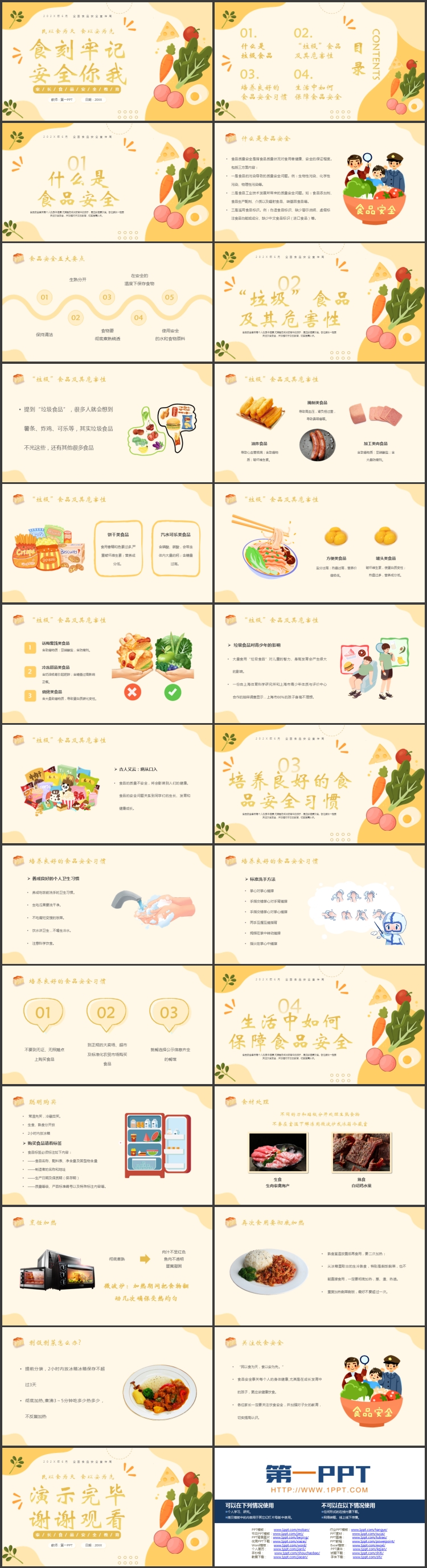 黄色卡通蔬菜背景的“食刻牢记安全你我”食品安全宣传教育PPT模板下载