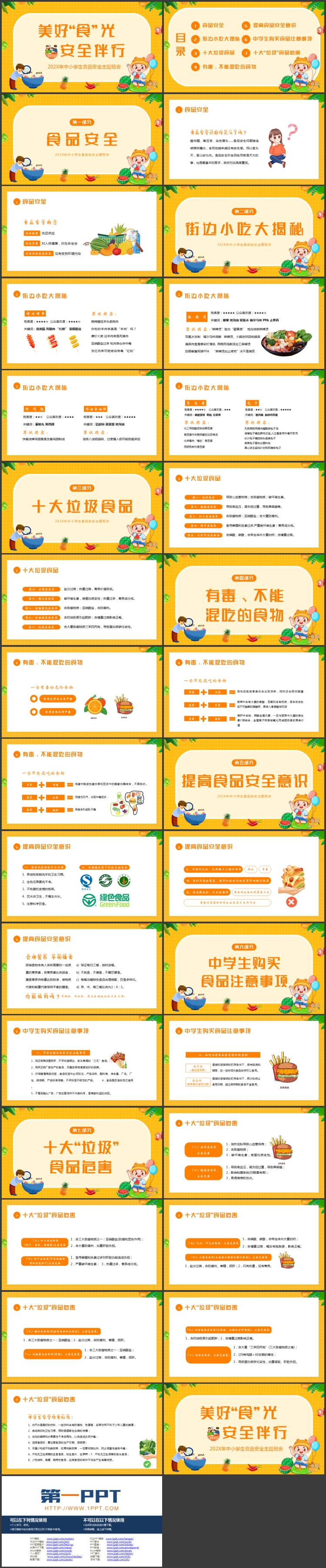 黄色卡通风格的“美好食光安全伴行”中小学生食品安全主题班会PPT模板下载