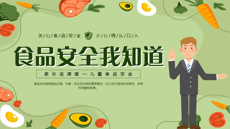 绿色矢量卡通风格的“食品安全我知道”儿童食品安全知识讲座PPT模板下载