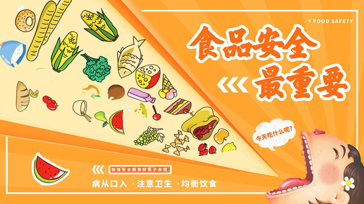 橙色卡通风格的“食品安全最重要”食品安全知识讲座PPT模板下载