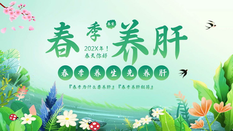 绿色清新花草背景的春季养肝养生知识讲座PPT模板