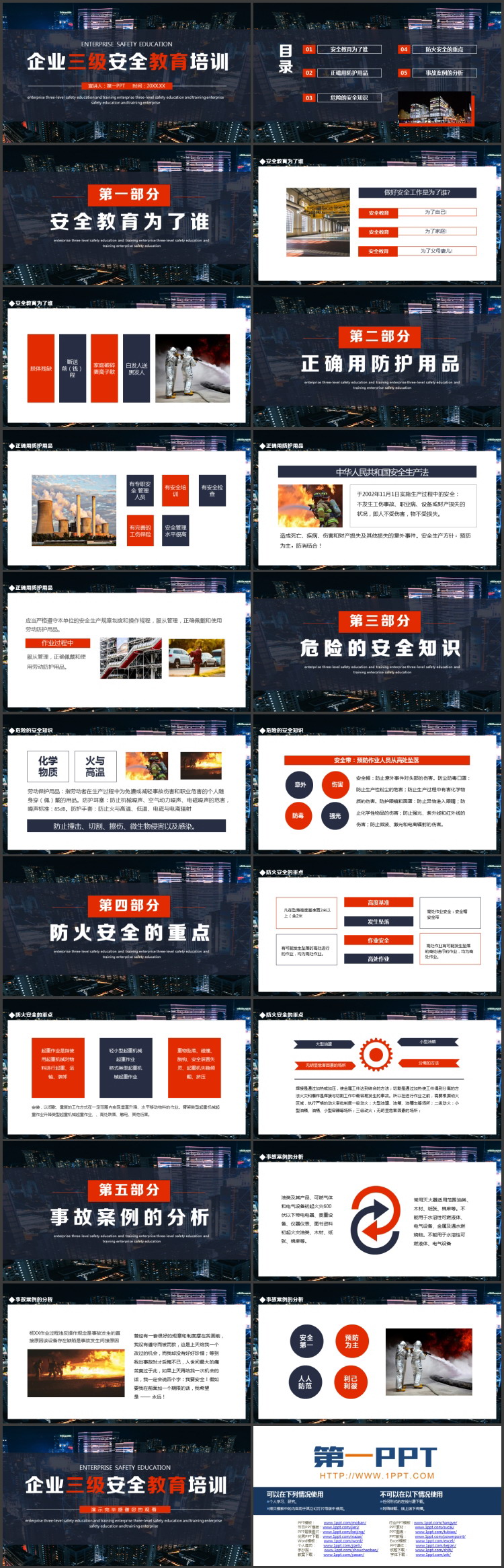 蓝色城市建筑背景的企业三级安全教育培训PPT模板下载