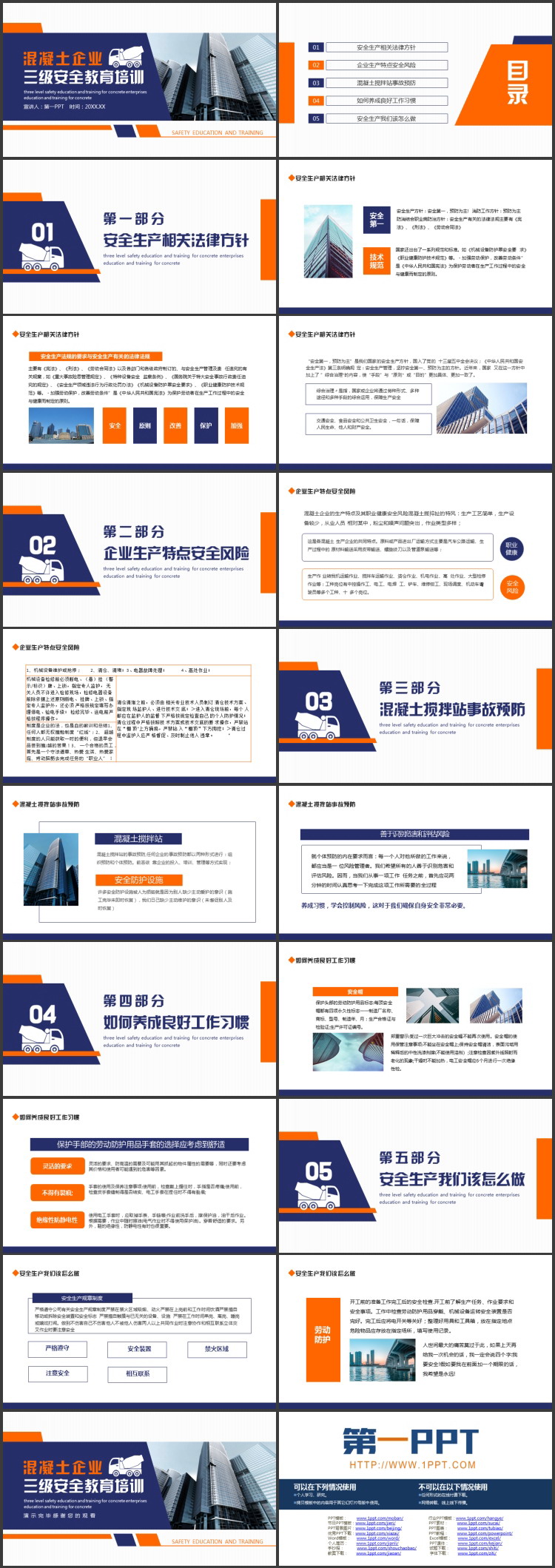 蓝橙配色写字楼背景的混凝土企业三级安全教育培训PPT模板下载