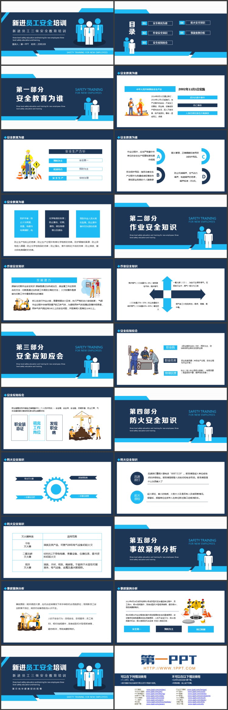 蓝色矢量小人背景的新进员工安全培训PPT模板下载