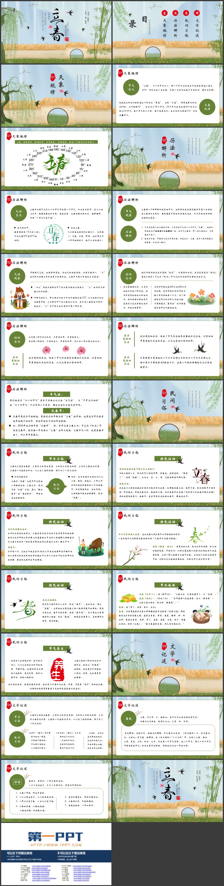 绿色水墨竹子古墙背景的立春节气介绍PPT模板