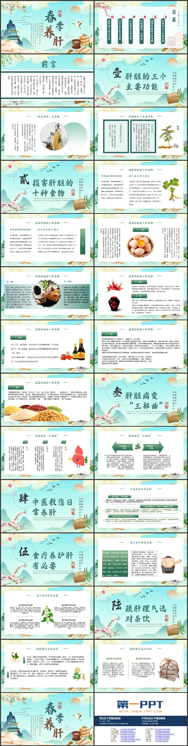 国潮群山中药背景的春季养肝中医知识讲座PPT模板