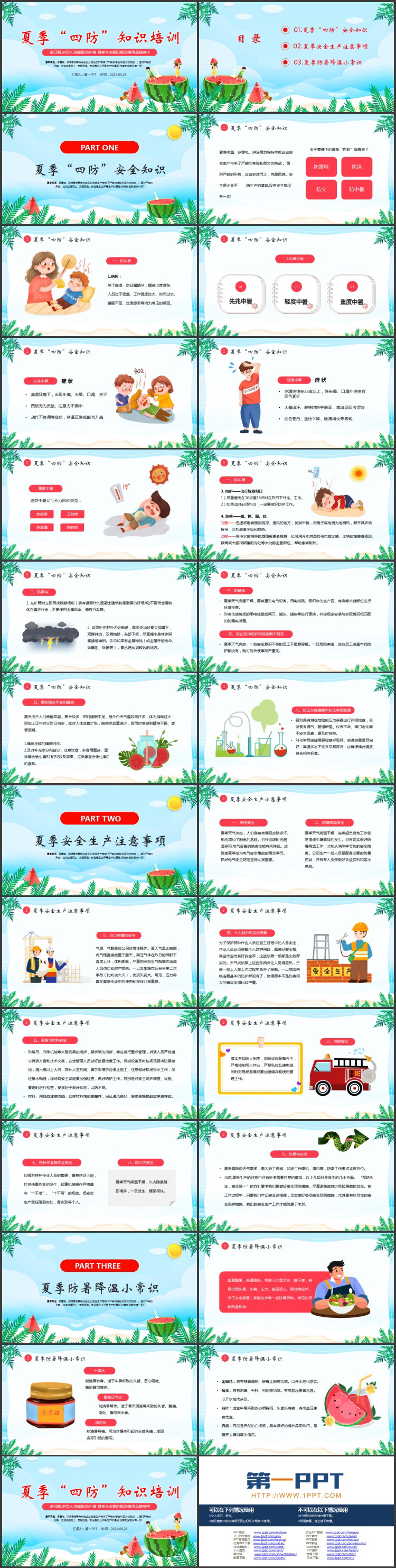 清新卡通风格的夏季“四防”知识培训PPT模板下载