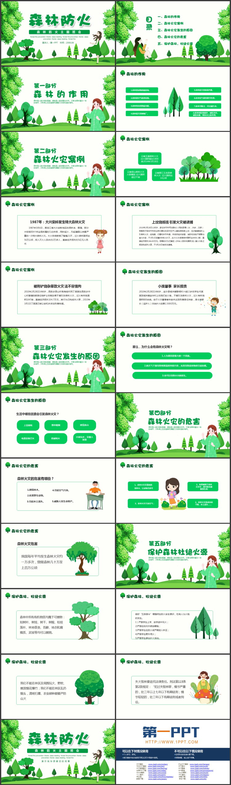 绿色卡通女孩大树背景的森林防火主题班会PPT模板下载