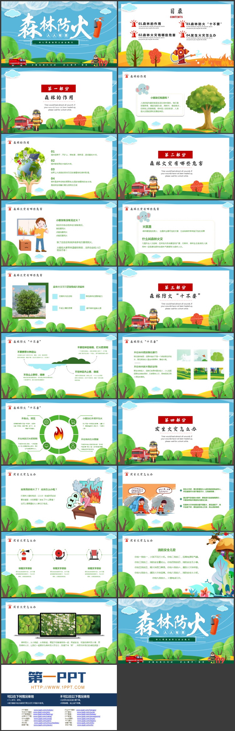 绿色卡通“森林防火人人有责”幼儿园森林防火安全教育PPT模板下载