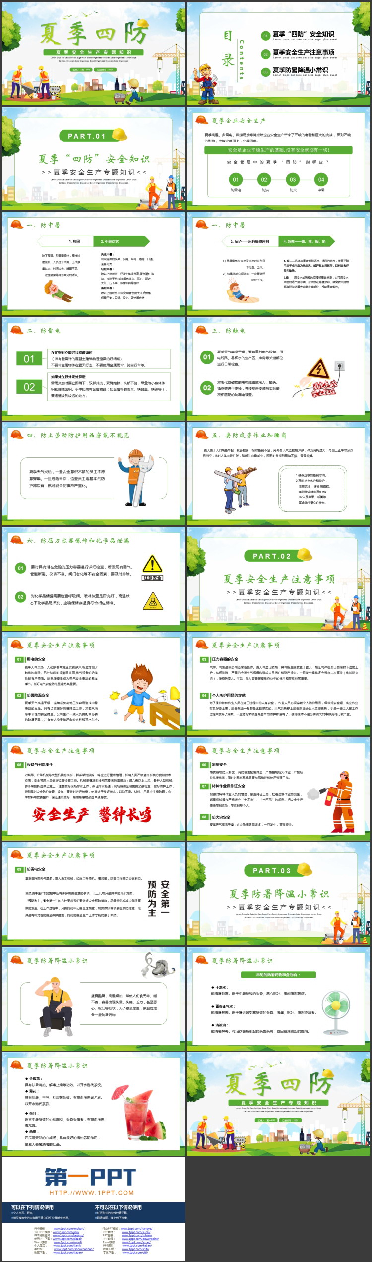 绿色清新卡通风格的“夏季四防”夏季安全生产专题知识PPT模板下载