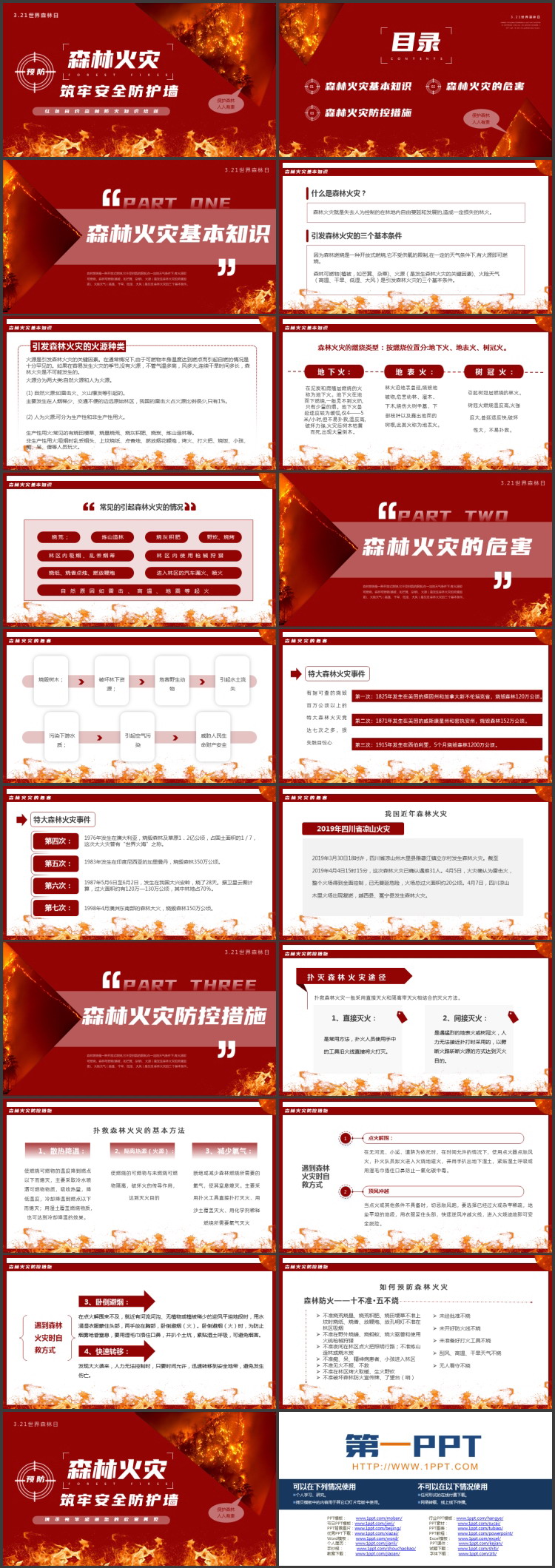 红色“预防森林火灾筑牢安全防护墙”森林防火知识培训PPT模板下载
