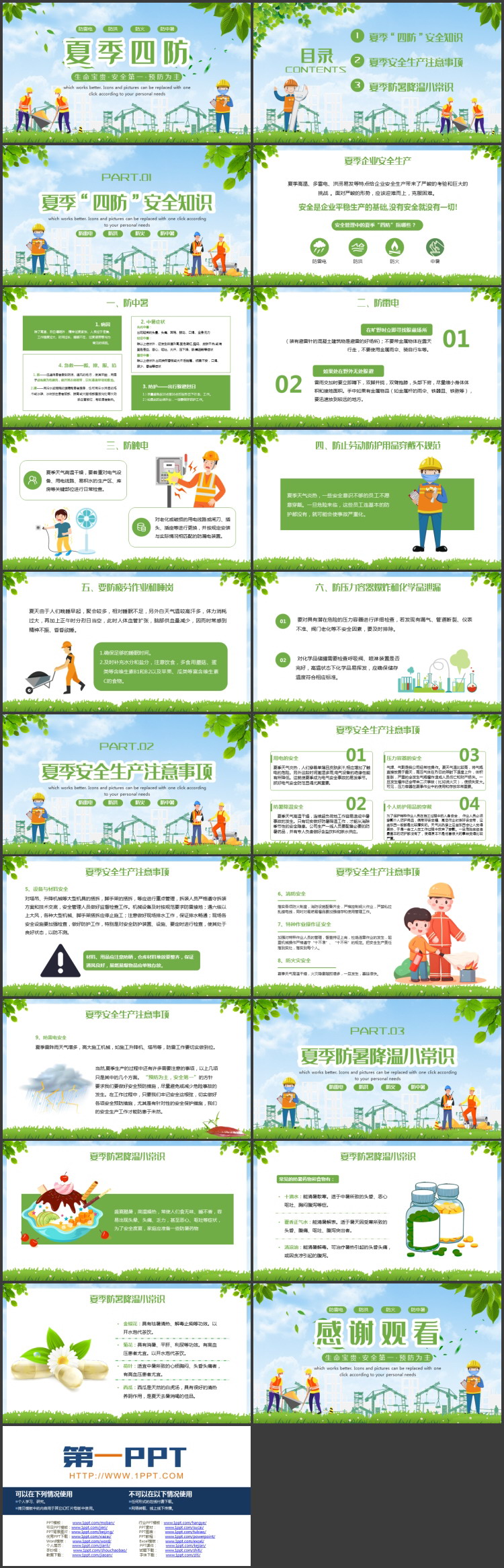 绿色清新卡通风格的“夏季四防”夏季安全生产专题知识讲座PPT模板下载