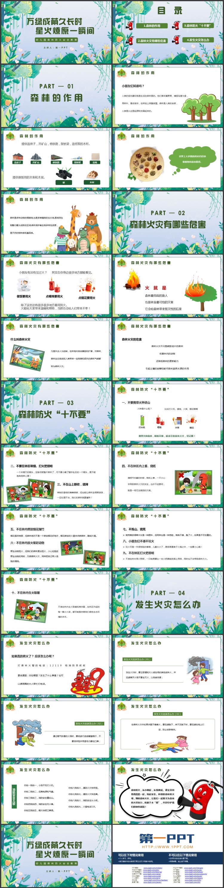 “万绿成荫久长时星火燎原一瞬间”幼儿园森林防火安全教育PPT模板下载