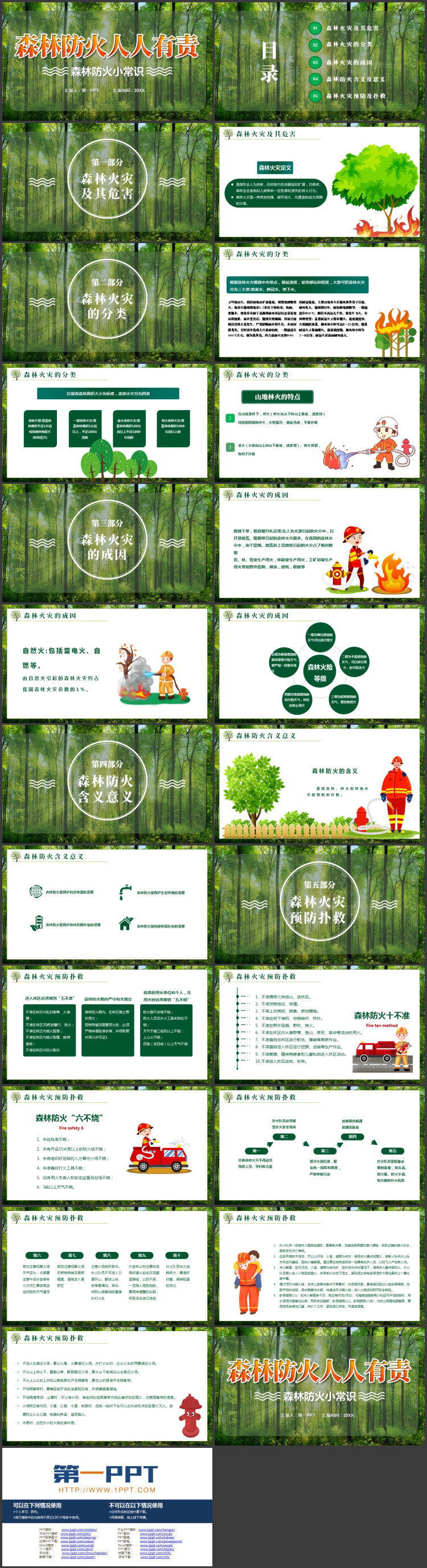 绿色“森林防火人人有责”森林防火小常识PPT模板下载