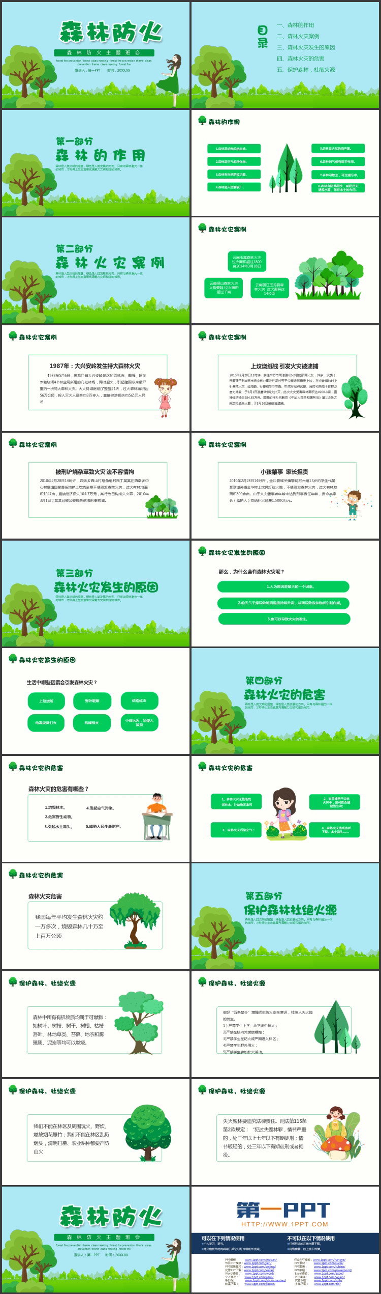 绿色清新卡通女孩大树背景的森林防火主题班会PPT模板下载