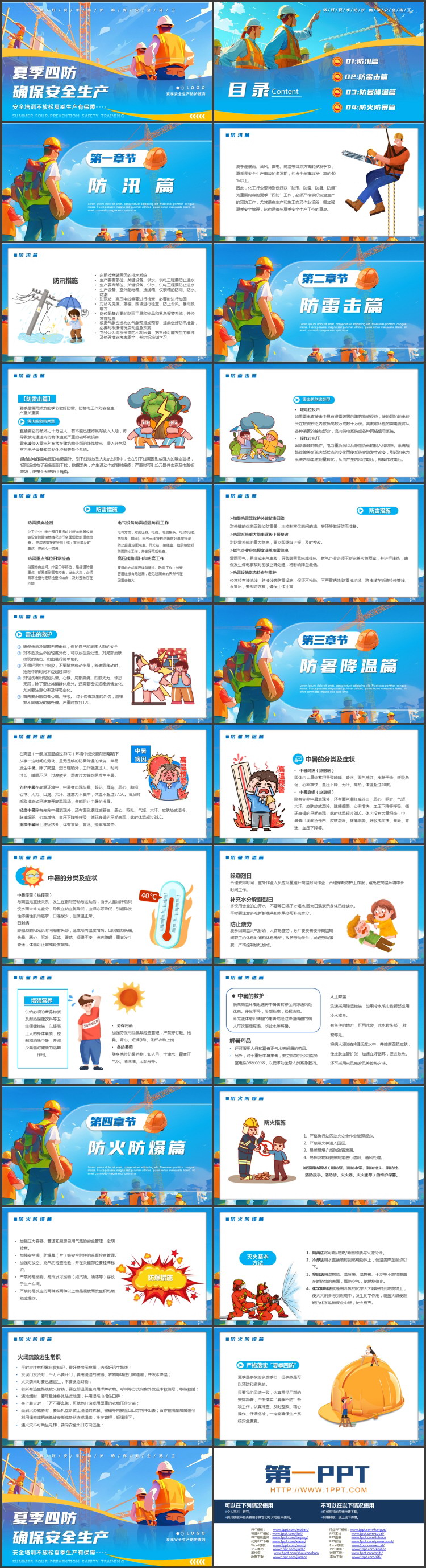 蓝色插画风“夏季四防”确保安全生产培训PPT模板下载